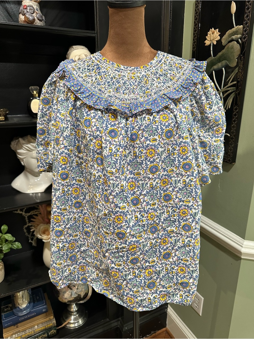 Boden Blue & Yellow Floral Smocked Cotton Blouse – Size US 12